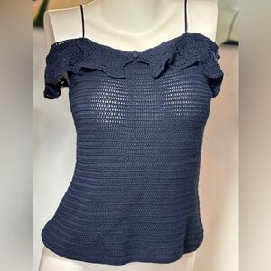 Lauren Ralph Lauren Hand Knit Off The Shoulder Linen Cotton Navy Blue Top SZ S